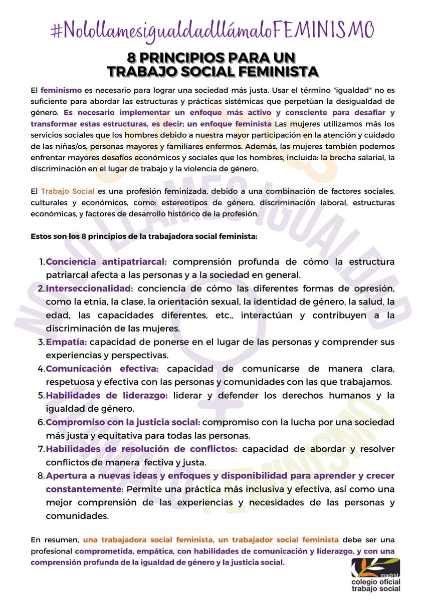 🟣NO LO LLAMES IGUALDAD, LLÁMALO FEMINISMO 

El COTSMadrid dentro de su campaña para este 8M ha preparado los 8 principios para un trabajo social feminista. 

Descárgalos, compártelos y sobre todo aplícalos en tu día a día. 👇
comtrabajosocial.com/no-lo-llames-i…