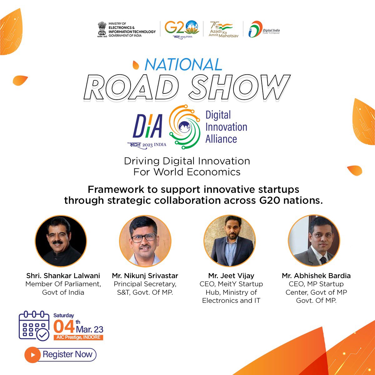 Join us for an enriching session on Catalyzing Digital transformation in smaller cities and new cities as we hear from some of the seasoned tech experts! Don’t miss out 📅: 4th Mar, 2023 ⏰: 1PM 📍: AIC Prestige Institute, Indore. #G20DIA #G20India #G20DEWG @G20Dia
