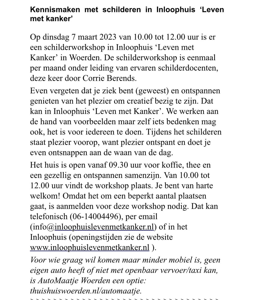 SamensterkW's tweet photo. Kennismaken met #schilderen in Inloophuis ‘Leven met kanker’
Dinsdag 7 maart 2023 van 10.00 tot 12.00 uur is er een #schilderworkshop in het Inloophuis. De workshop is eenmaal per maand onder leiding van ervaren schilderdocenten, deze keer door Corrie Berends. Doe je mee? Zie: https://t.co/AhkhB2wXtS