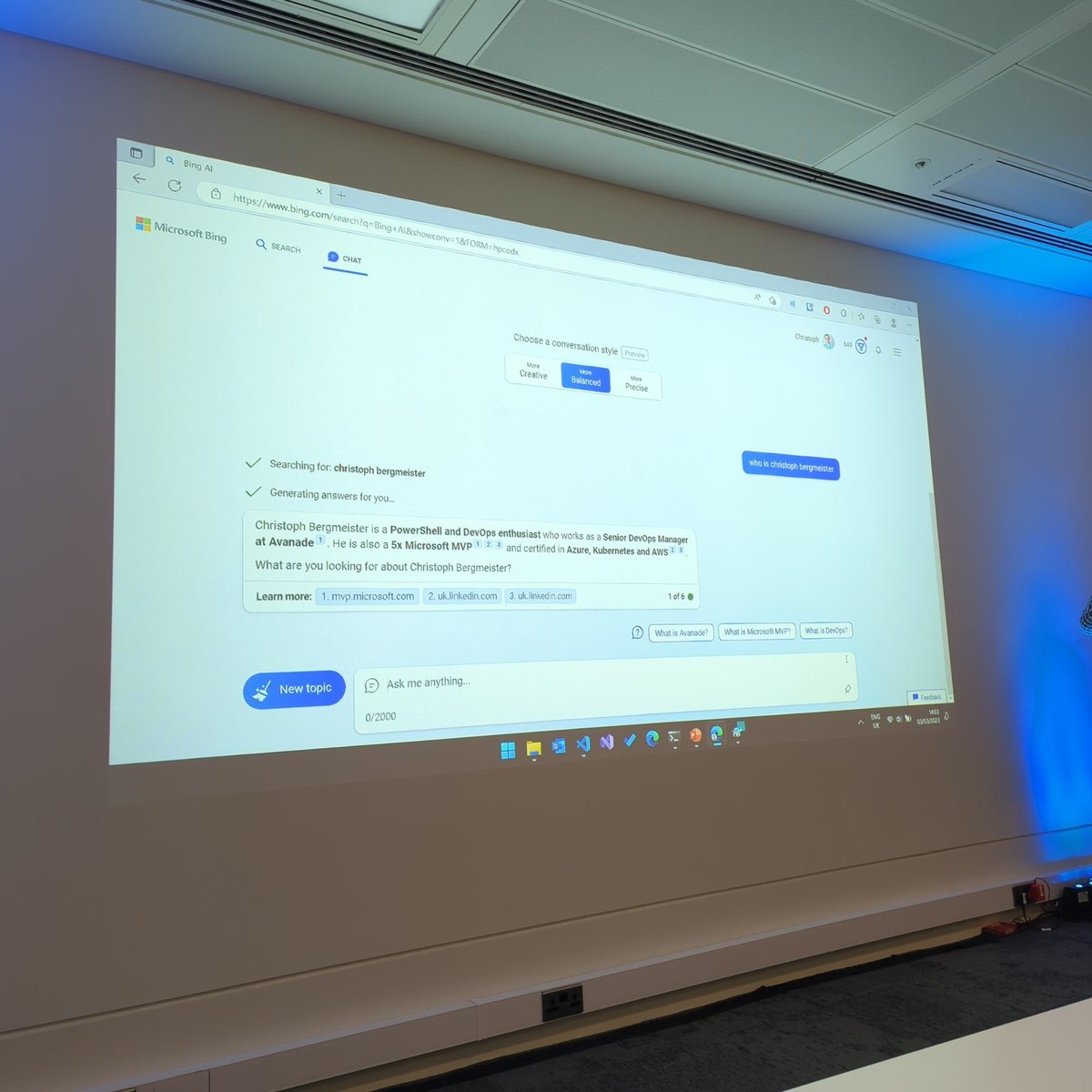 PalmEmanuel's tweet photo. When working with cool tech, why not let Bing's new #ChatGPT AI feature introduce you?
#PSDayUK https://t.co/Iqof3XGGca