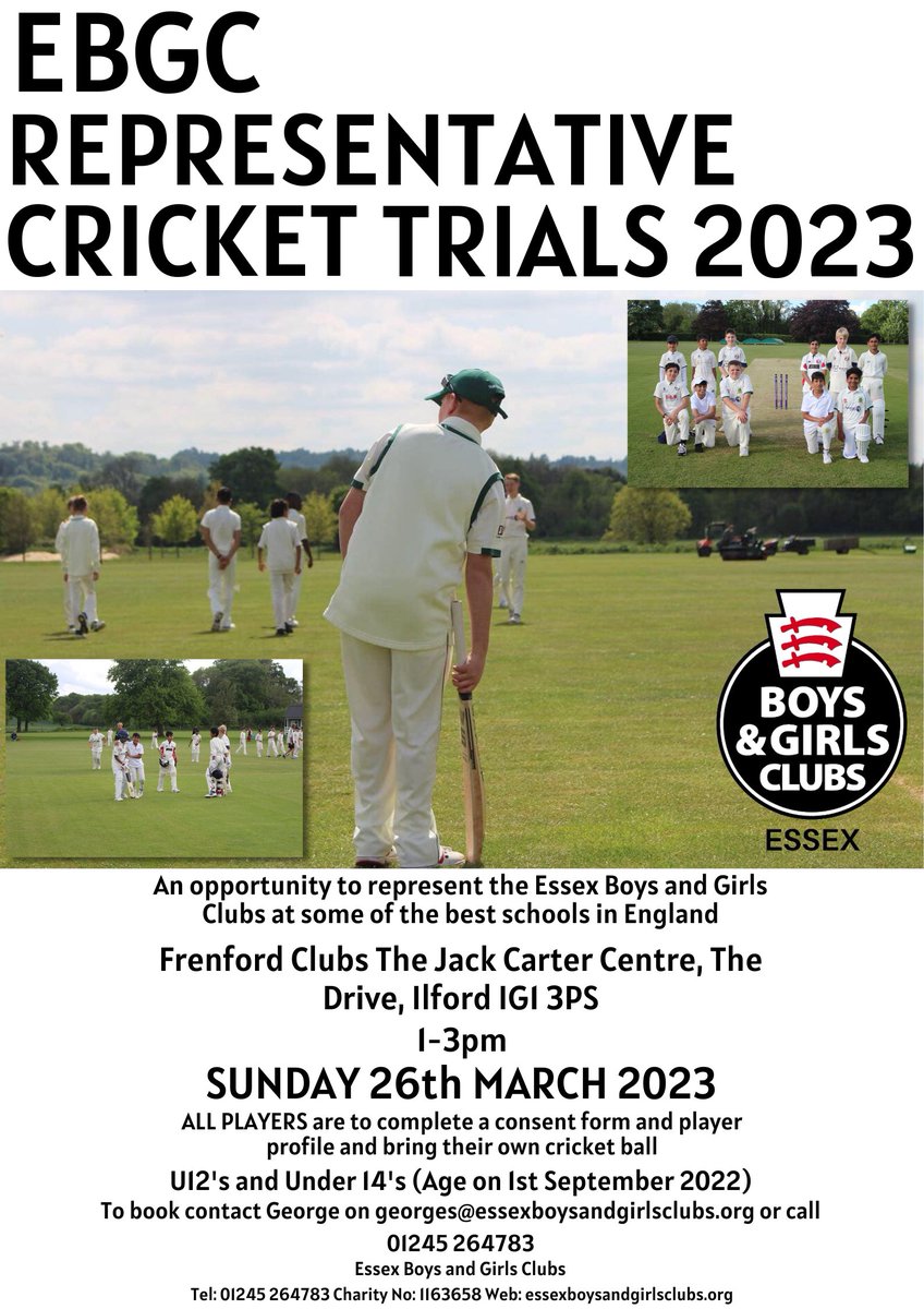 EssexBGC's tweet photo. 🏏The EBGC Rep Cricket Trials are back! 

Sessions will be run by Rollins Cricket for an opportunity to represent the EBGC at some of the best schools in England!

📍 Frenford Clubs The Jack Carter Centre, The Drive, Ilford IG1 3PS
⏳ 1-3pm
📅 SUNDAY 26th MARCH 2023

#EBGC https://t.co/32dBiLkEJk