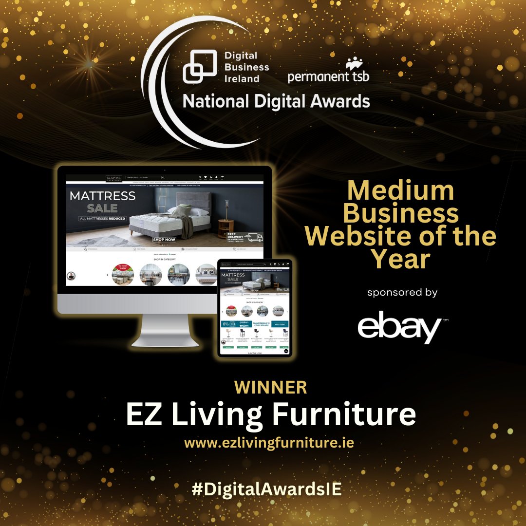 DigitalIre's tweet photo. Some cracking finalists in the @DigitalIre @permanenttsb #DigitalAwardsIE Medium Business Website of the Year sponsored by @ebay. Congrats to the winner, leading homewares company, @EzLivingFurn. 🛋 https://t.co/dCCcoAaX31
