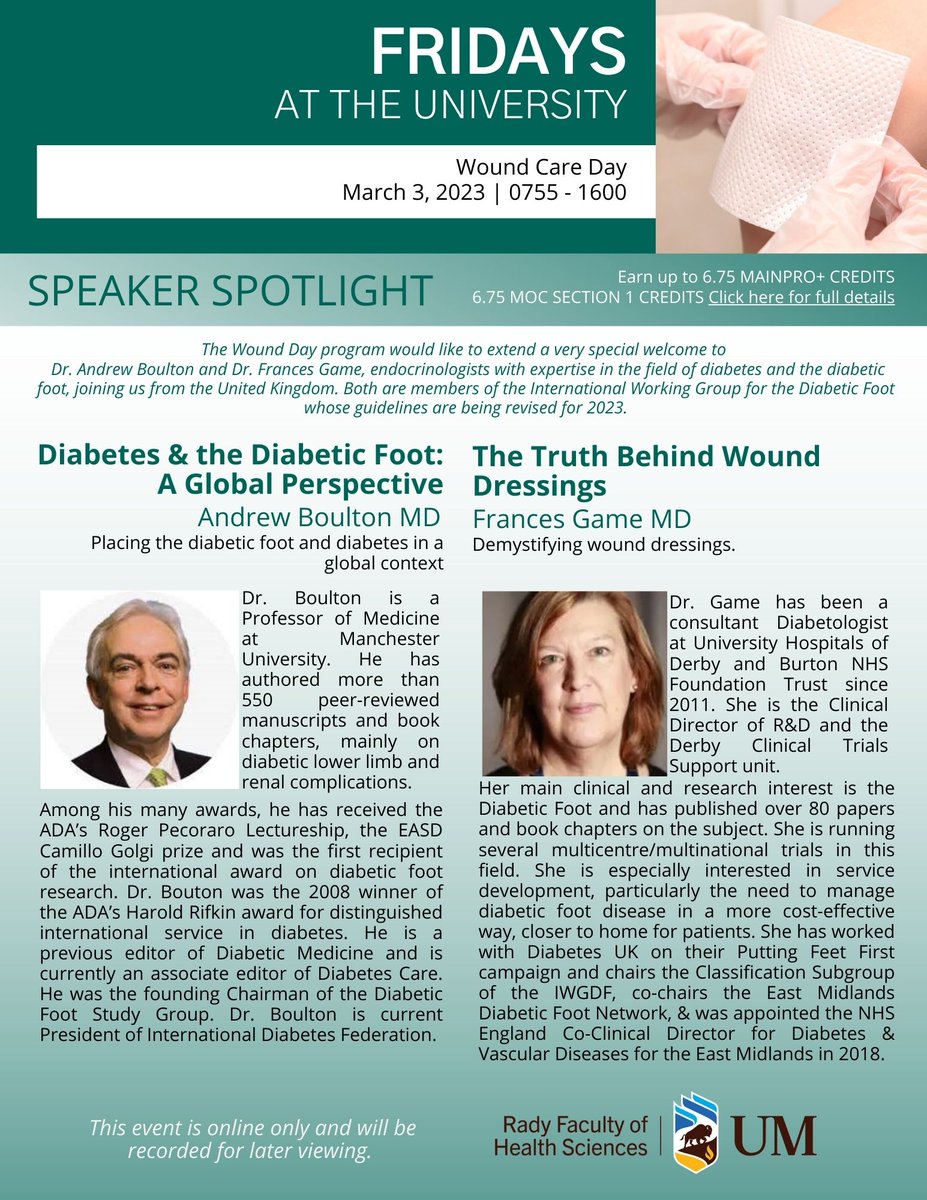 Fridays at the University Wound Care Day is happening right now. Still time to register to see Dr. Andrew Boulton, Dr. Frances Game, and many others! cpd-umanitoba.com
#WoundCare #MedTwitter #UManitobaCPD