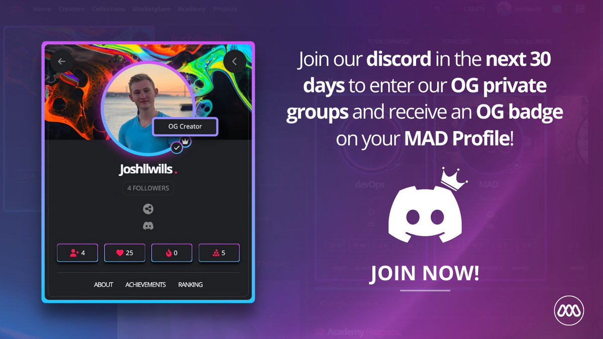 madnft_io's tweet photo. What's the first benefit of joining the new #MADNFTs discord⁉️
You get an exclusive 'OG Creator' badge for your creator card on the platform! 🥇
They will be issued at the end of the month when the OG roles stop being issued. So join now for this exclusive benefit‼️
#OGcreator https://t.co/L25CTxAv4r
