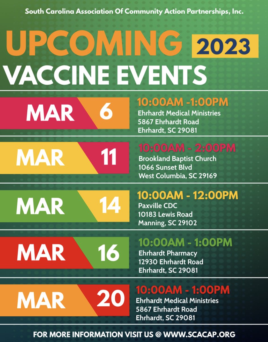 wearescacap's tweet image. MARCH 2023 UPCOMING VACCINE EVENTS.
#SCACAP #HelpingPeopleChangingLives #Covidtesting #COVID19