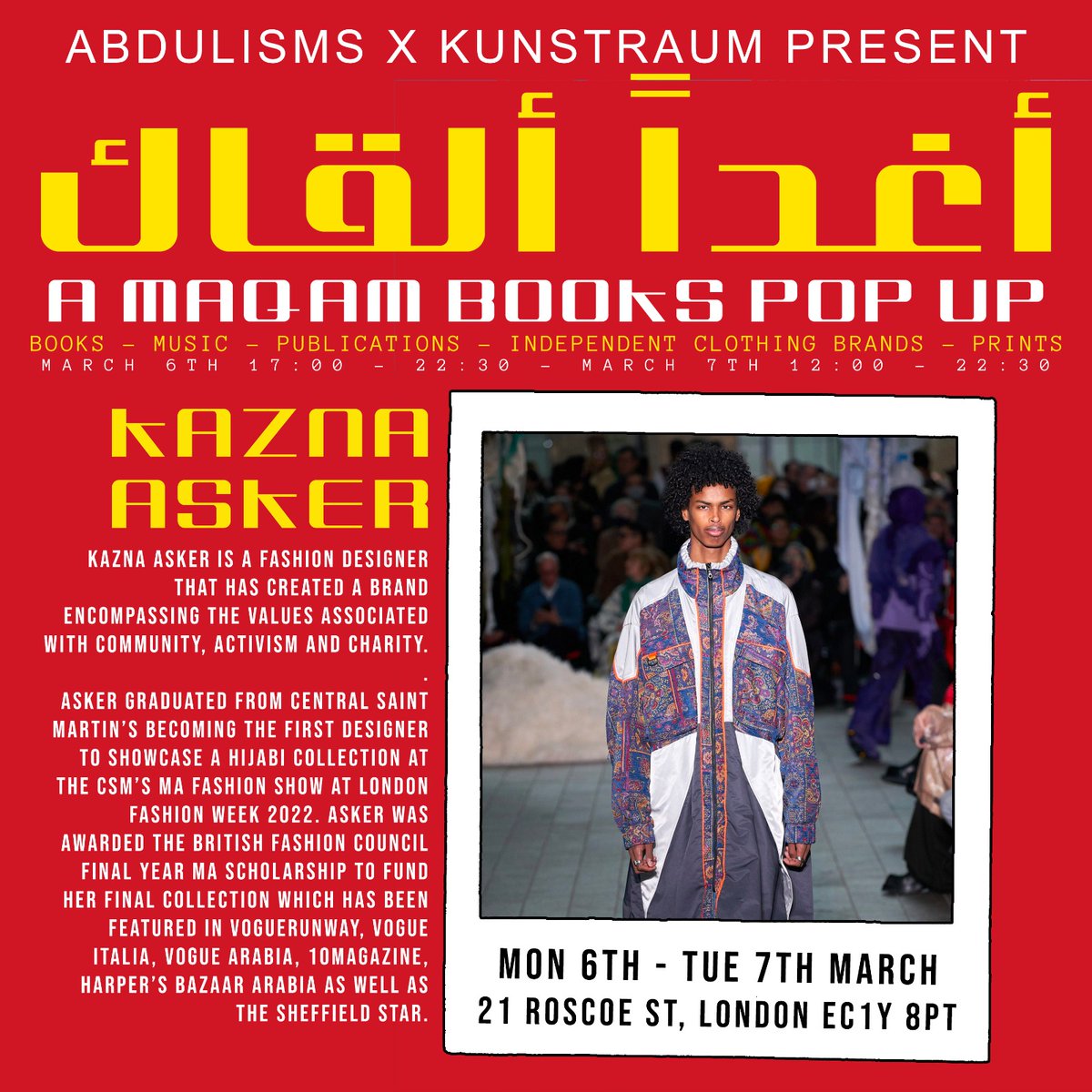 MaqamBooks's tweet photo. Kazna Asker 
Is a fashion designer that has created a brand encompassing the values associated with community. Activism and charity. https://t.co/KQZm8vT5yz