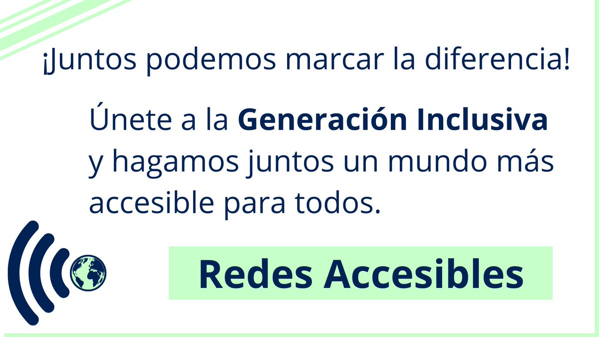 En #RedesAccesibles trabajamos por la inclusión y accesibilidad universal. Únete a la Generación Inclusiva y hagamos juntos un mundo más accesible para todos. ¡Juntos podemos marcar la diferencia! #AccesibilidadUniversal #InclusiónSocial #AccesibilidadParaTodos