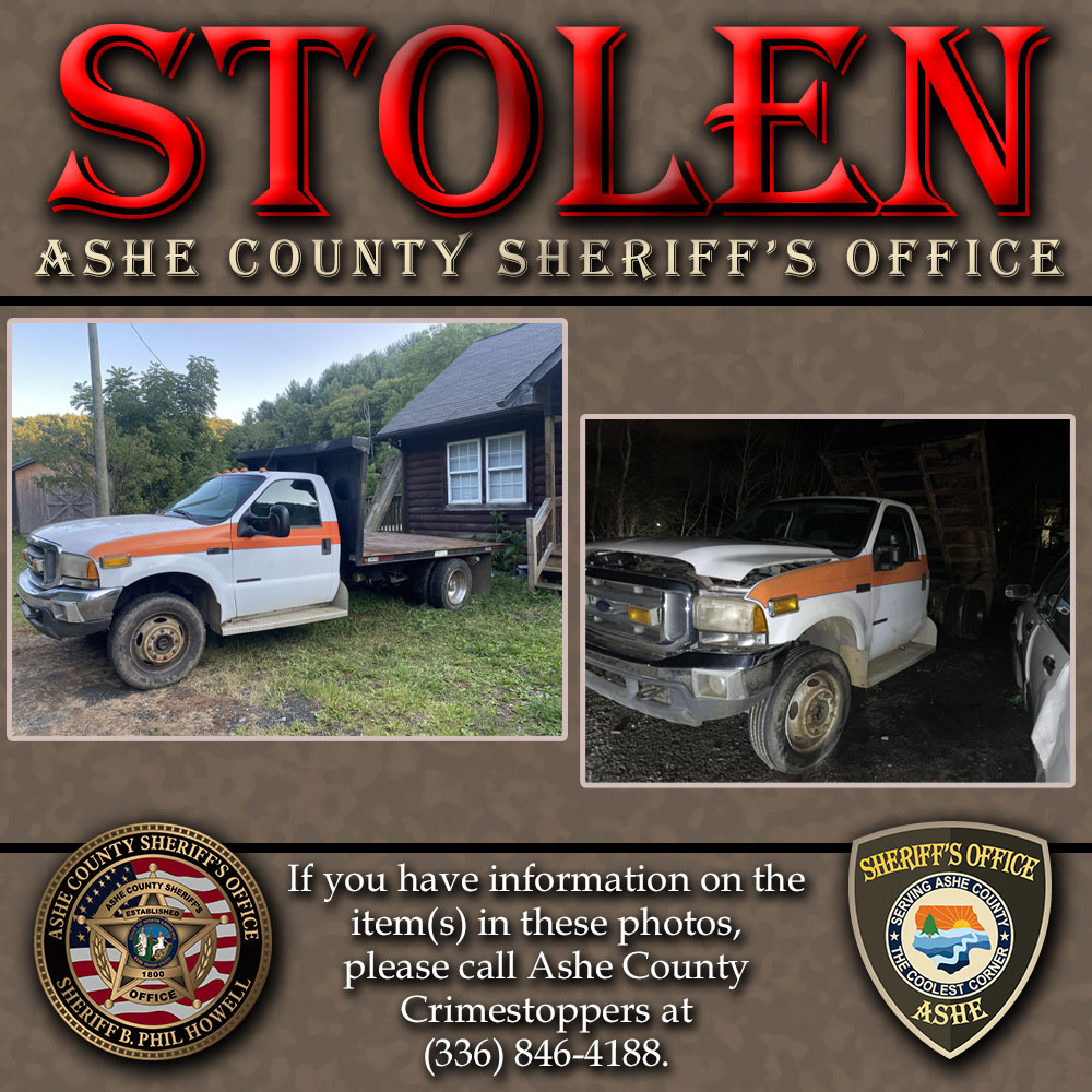 SheriffAshe's tweet photo. The Ashe County Sheriff’s Office is seeking assistance in locating a stolen vehicle. 
A 2001 White Ford F-450 with an ambulance cab and a black metal flatbed was taken from the owner’s property on March, 2nd 2023.  The vehicle’s North Carolina license plate is EK-1892. https://t.co/Y2e3pecam7