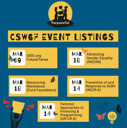 Purposeful_org's tweet photo. 📢 Heading fast to #CSW67!! Thrilled & pumped to be participating in & hosting 5 events, drawing together feminist change-makers, activists & funders from across the globe. See you there🤩 More details coming soon! 👀
#CollectiveAtWork
@IrlEmbFreetown
@MinisterManty https://t.co/zr7ILYWaNt