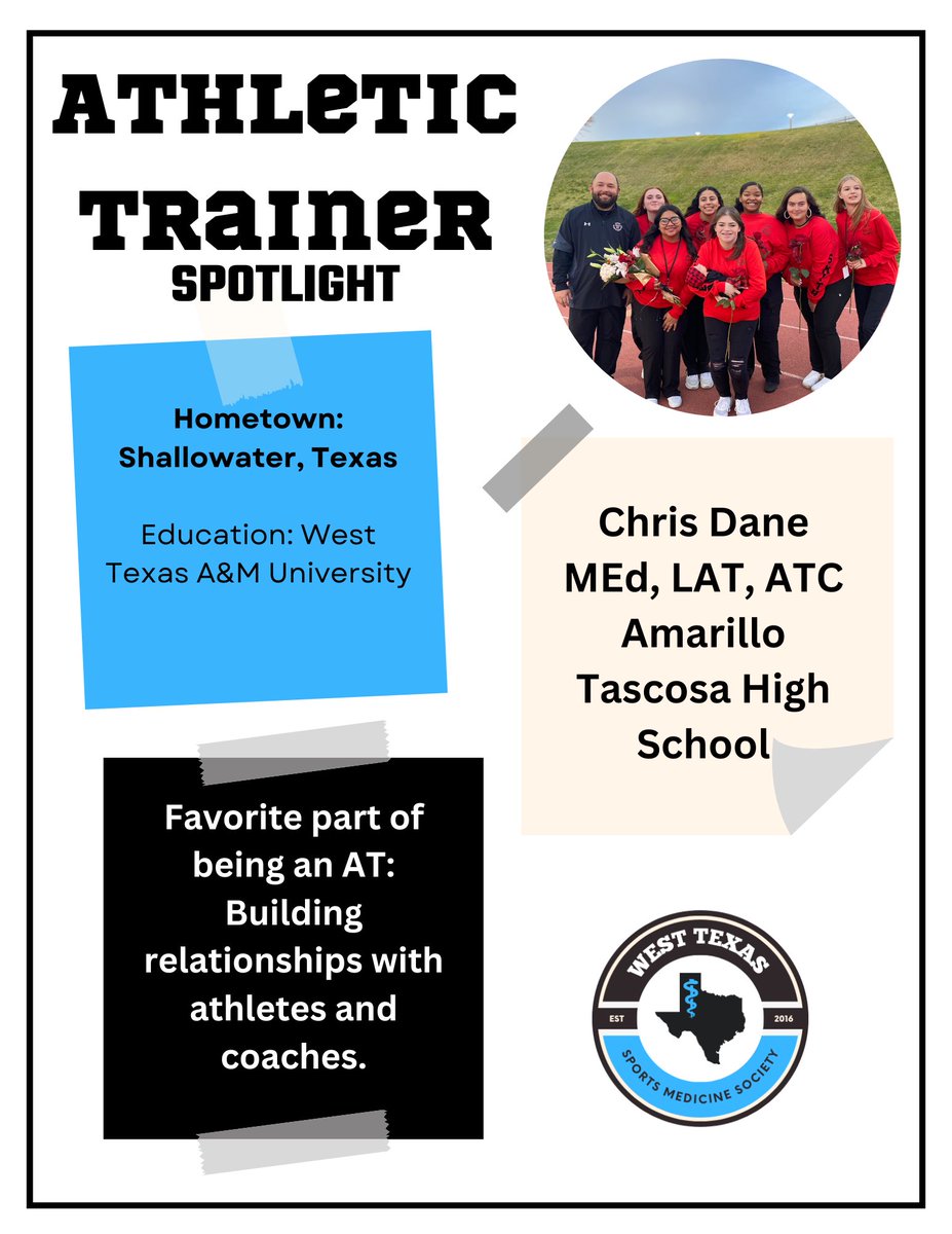 Next up in the NATM Spotlight series is Chris Dane MEd, LAT, ATC. Chris is one of 2 Athletic Trainers for Amarillo Tascosa High School! #NATM2023 <a href="/SWATAD6/">SWATA</a> @tsata_team #TheresAnATForThat