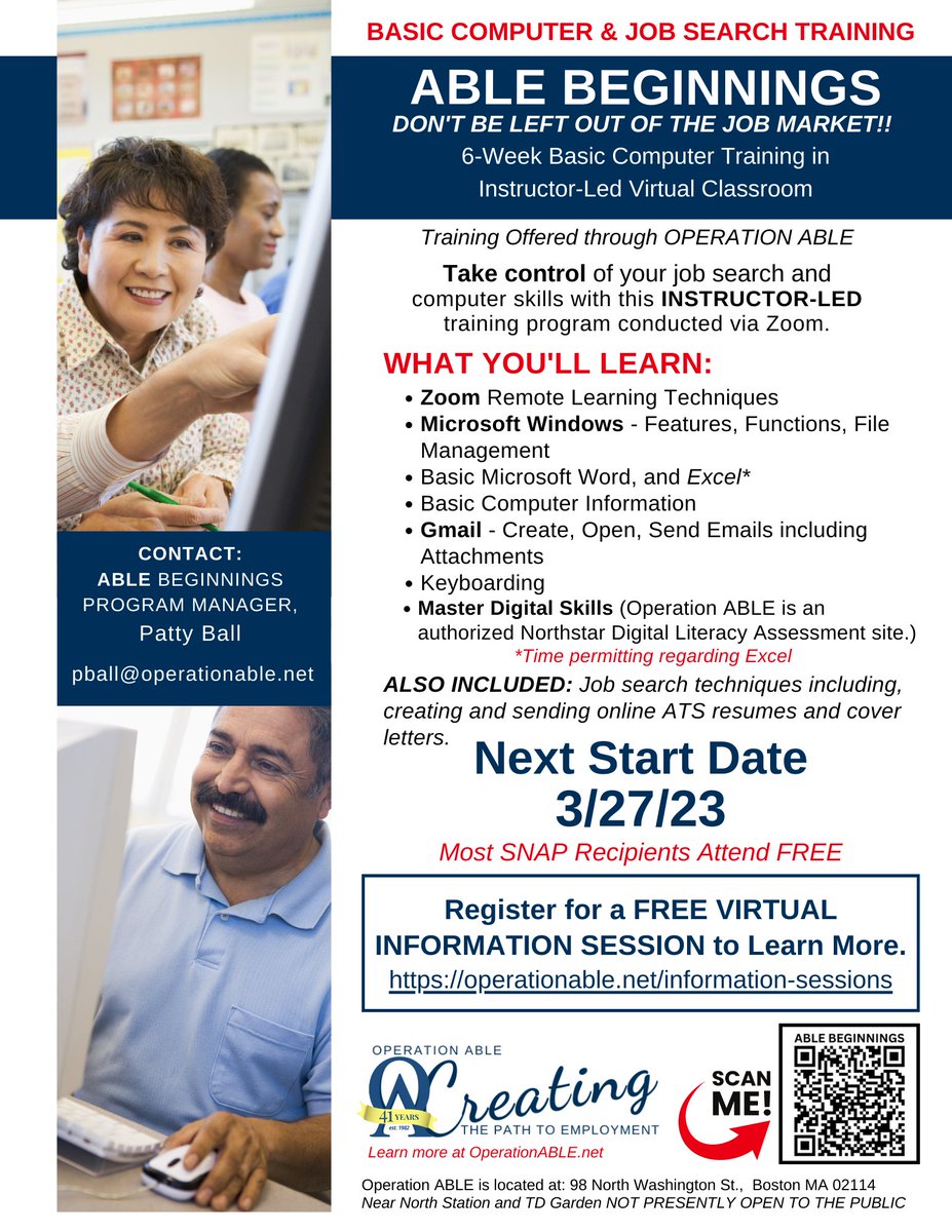 OperationABLE's tweet photo. Learn Basic Computer and Job Search Skills. Free to most SNAP recipients. Offered through @OperationABLE. It's a 6-week program. Starts 3/27/23. Attend a FREE Info Session to learn more. #ComputerSkillsTraining #JobReadiness  https://t.co/kWGgucjSPJ https://t.co/n4prXNlCYW