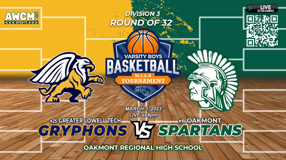 Today AWCM Sports will be bringing you the <a href="/BoysOakmont/">Oakmont Boys Basketball</a> vs <a href="/gltbball/">Greater Lowell Tech Boys Basketball</a>, Division 3 MIAA Basketball Tournament, Round of 32. Tip off is at 6pm. Game will be LIVE on Channel 9 and streaming on AWCM.org. <a href="/ORHSAthletics/">Oakmont Athletics</a>