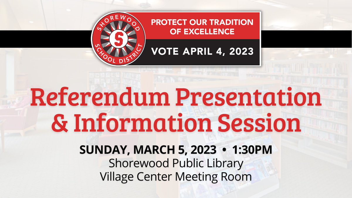Shorewood Schools (@shorewoodlearns) on Twitter photo Our next Referendum Presentation & Info Session is SUNDAY at <a href="/ShorewoodLib/">Shorewood Library</a>! Learn more about the districtâs financial needs/the proposed solution on the April ballot. The event starts at 1:30pm after the Shorewood Womenâs Club Candidate Forum. Learn more: shorewood.k12.wi.us/apps/pages/ref⊠Our next Referendum Presentation & Info Session is SUNDAY at <a href="/ShorewoodLib/">Shorewood Library</a>! Learn more about the districtâs financial needs/the proposed solution on the April ballot. The event starts at 1:30pm after the Shorewood Womenâs Club Candidate Forum. Learn more: shorewood.k12.wi.us/apps/pages/refâŠ