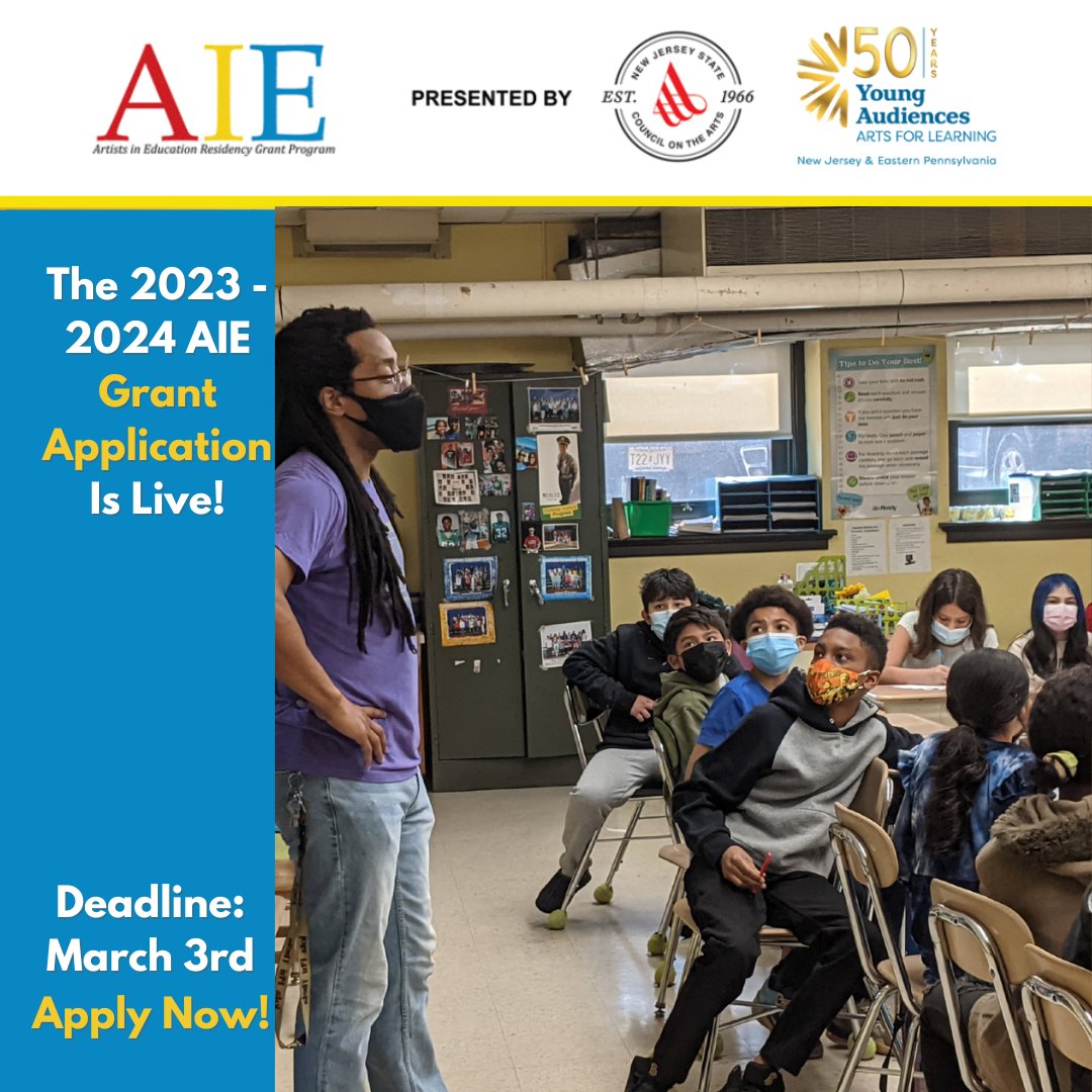 APPLICATIONS ARE DUE TODAY BY 5PM! AIE is currently accepting applications for the 23-24 school year. Grants are worth over $11,000 and enable NJ schools to have a teaching artist work with their students. More information can be found at njaie.org. #njarts