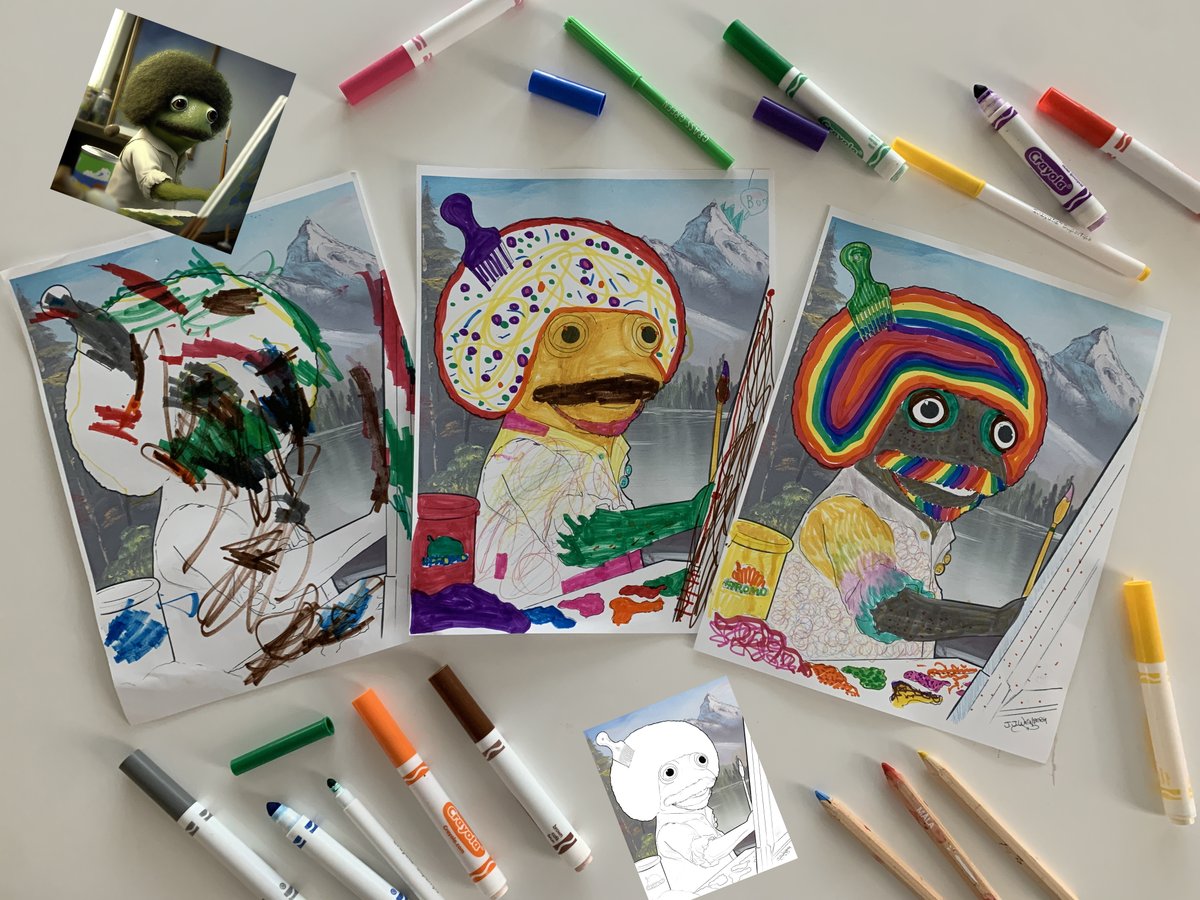 flyfrog3d's tweet photo. @BobRossParody @theWIPmeetup @NFTland Frog Ross coloring pages by a 2, 6, and 30something year old. There are no mistakes, just hoppy accidents. https://t.co/qevAM3hkAZ