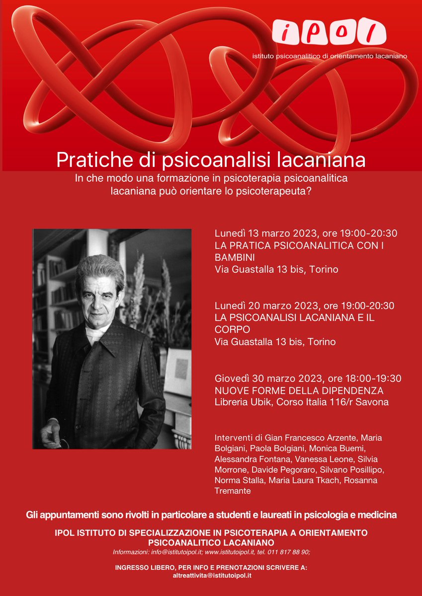 IstitutoIPOL's tweet photo. Tornano gli importanti appuntamenti con le 📣
"PRATICHE DI PSICOANALISI LACANIANA"
In che modo una formazione in psicoterapia psicoanalitica può orientare lo psicoterapeuta?

Ingresso libero per info e prenotazioni: altreattivita@istitutoipol.it 📧

#scuoladispecializzazione https://t.co/rWIltcCMY7