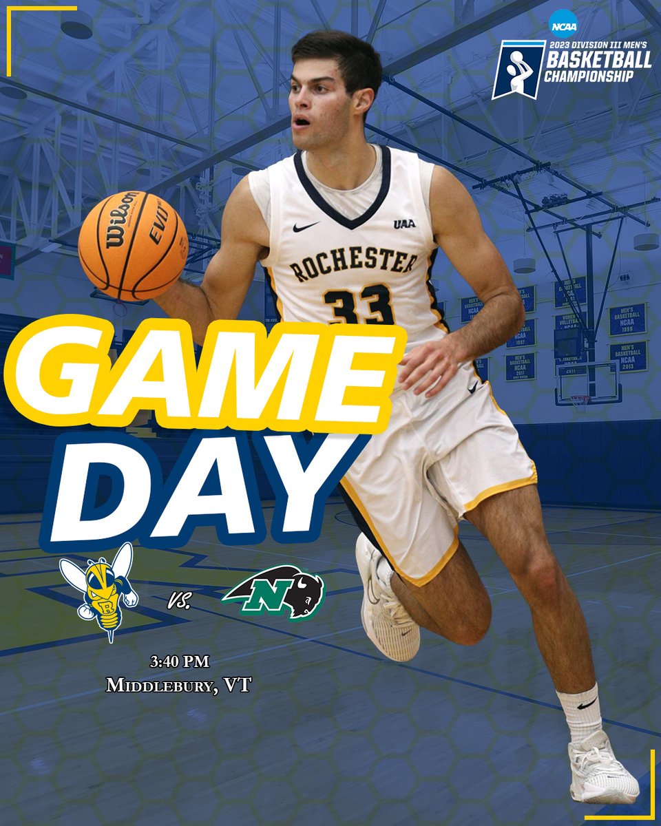 UofRathletics's tweet image. 🏀 IT&apos;S NCAA TOURNAMENT GAMEDAY‼️ 🏀

@URMensHoops takes on the Bison in the first round of the NCAA Tournament!!!

🆚: Nichols
⏰: 3:40 p.m.
📍: Middlebury, VT
📊: bit.ly/41sPncW
📺: bit.ly/3EImjUX

#GoJackets // #d3mbb