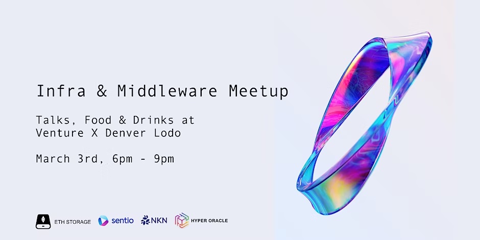 EthStorage's tweet photo. Infra &amp; Middleware party will happen at 6pm today at Venture X Denver Lodo!#ETHDenver2023🎉

We will introduce our ecosystem partners for the 1st time! @BlockEdenHQ @HexlinkOfficial @git3protocol 

Can't wait to meet you all there!
@NKN_ORG @HyperOracle @sentioxyz @EthereumDenver https://t.co/aOlYvFbzXj