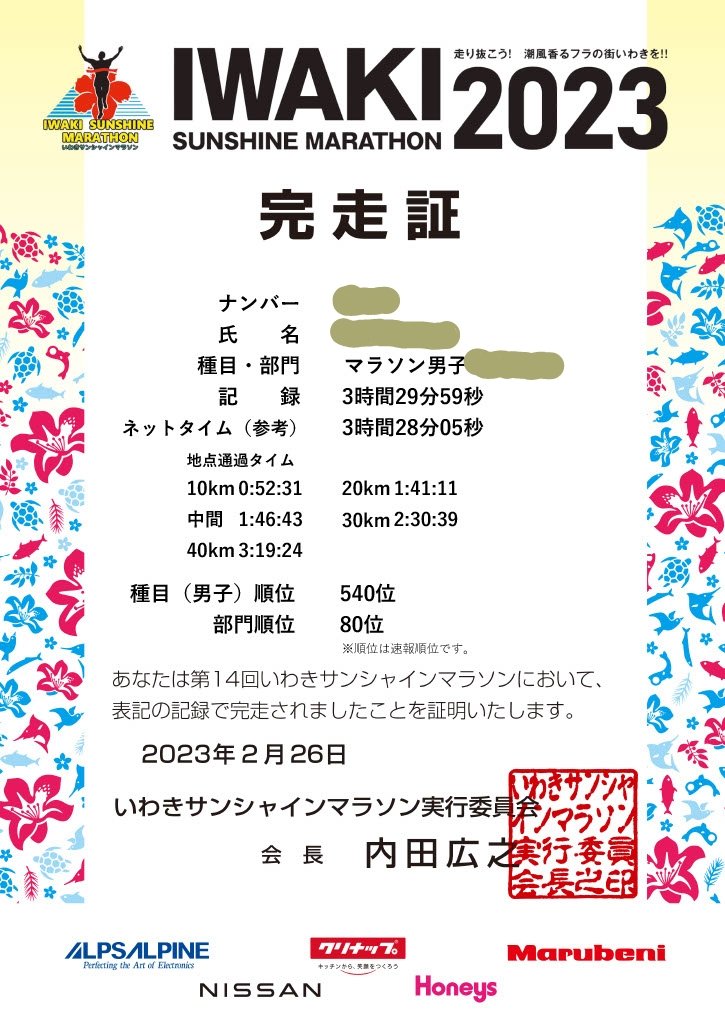 beefeater_n's tweet photo. 初のフルマラソン挑戦、目標としていたサブ3.5で完走できました！
風が強くて辛い場面もあったけど、地元の皆さんの応援が最高でしたし、何より楽しかった♪ありがとうございました！
#いわきサンシャインマラソン 
#フルマラソン https://t.co/ogkUnCYtfN