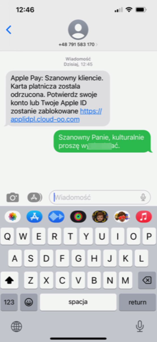 ⚠️Uwaga posiadacze iPhonów z ApplePay!

Złodzieje wysyłają SMS-y w których informują o blokadzie karty płatniczej i zachęcają do kliknięcia w link. 

To oszustwo! Opisujemy cały proces ataku tu:
niebezpiecznik.pl/post/uwaga-pos…

Ostrzeżcie znajomych, tym razem tych z iPhonami :)