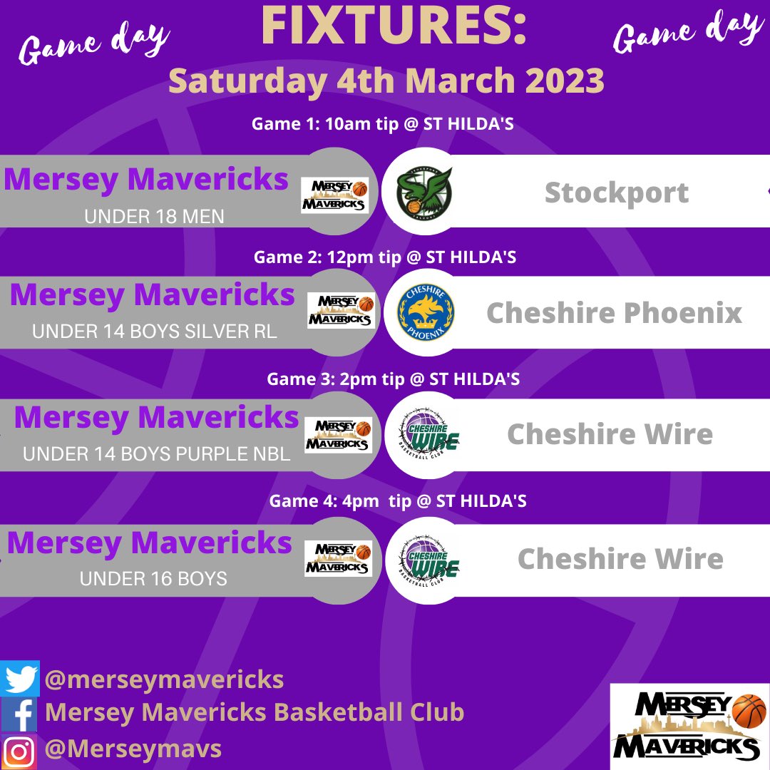 Tomorrow is SUPER SATURDAY!!

Big day of games tomorrow at St Hilda’s. It would be great to see lots of people their to support at all of these games.

Also tomorrow our U16 BOYS will be crowned North West 1 league champions.

See you all there!

#mavsmentality 💪💜🏀
