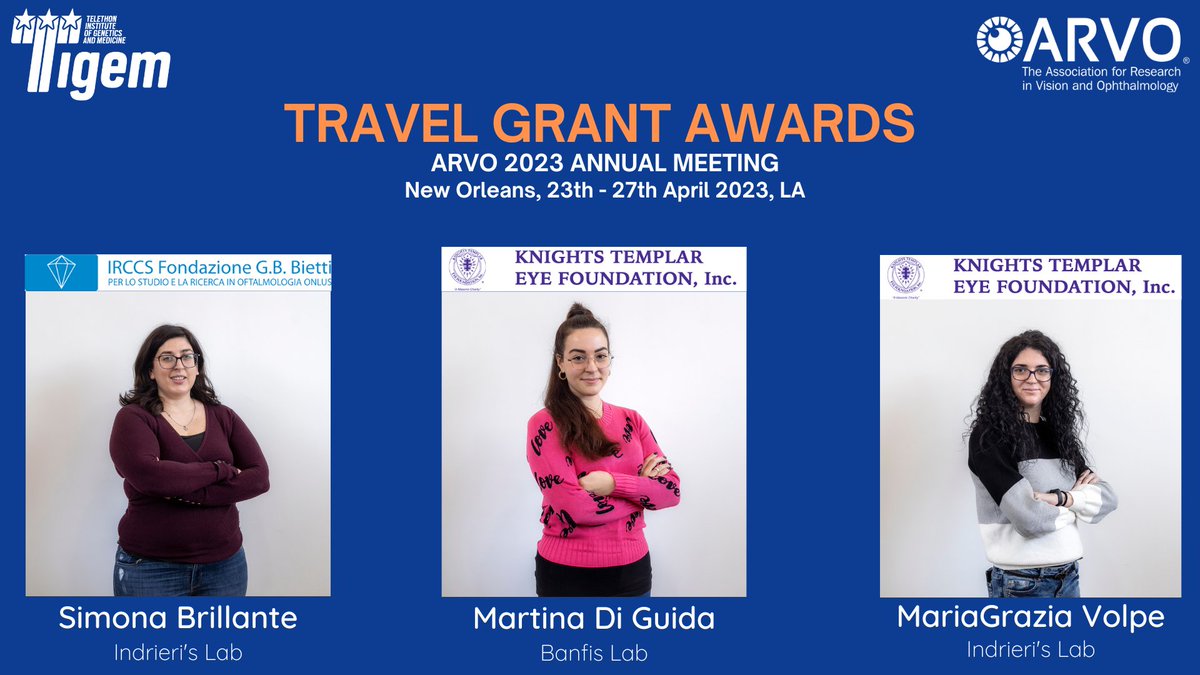 Congratulations to Simona Brillante, Martina Di Guida and MariaGrazia Volpe that have been awarded the Travel Grant for #ARVO2023 Annual Meeting! Thanks to IRCCS Fondazione G.B.Bialetti and Knights Templar Eye Foundation that believed in our research!
#eyedisease #raredisease