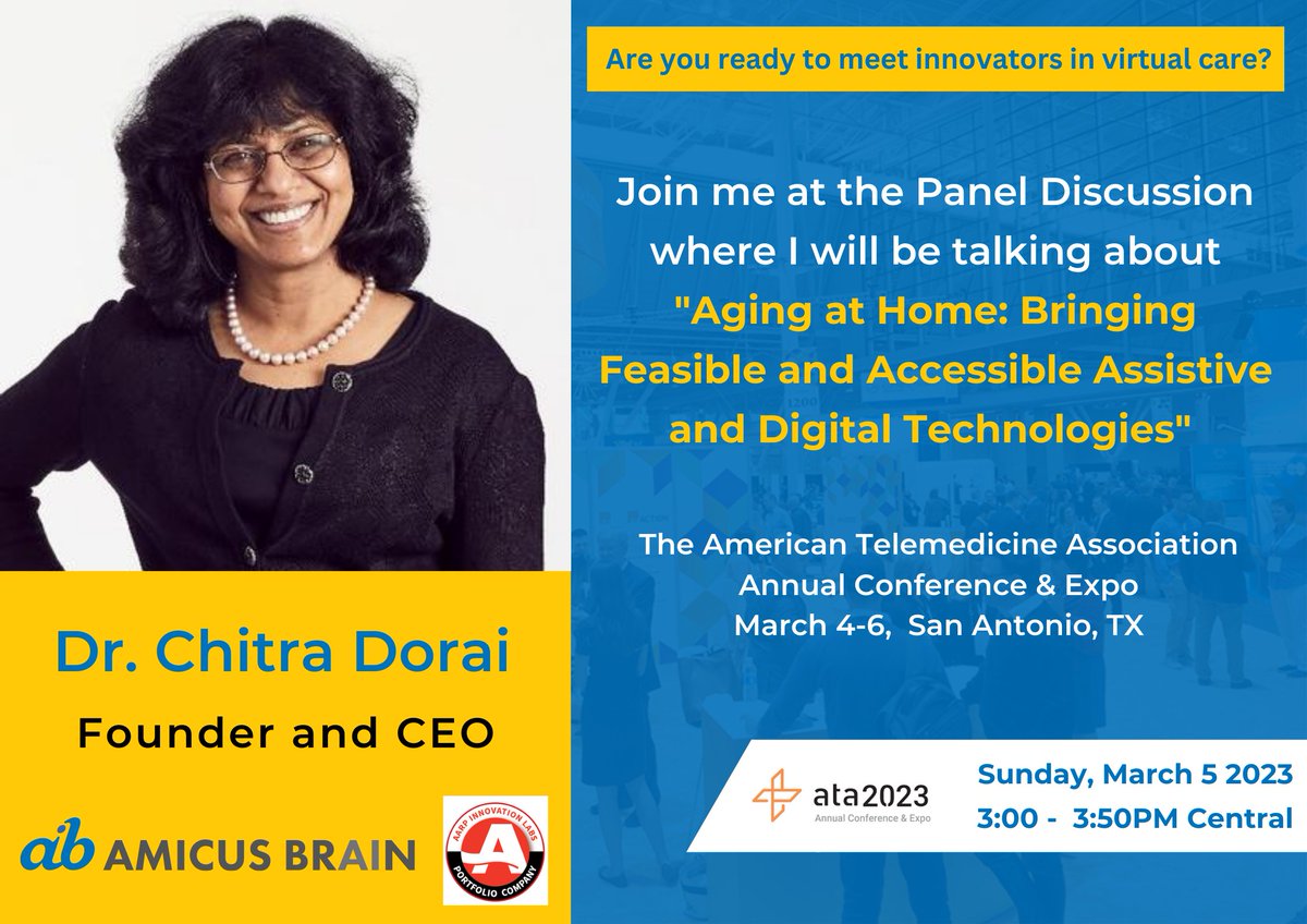 amicusbrain's tweet photo. Virtual Care is transforming the future of healthcare
I’m so excited to be part of a panel discussion
I will be joining Maria Palombini and Dr. Elizabeth White Baker at the @americantelemed 's #ATA2023 this Sunday at 3:00PM!
https://t.co/DHNbLr2FaT
#GoTelehealth #amicusbrain https://t.co/B2LbTgGdWl