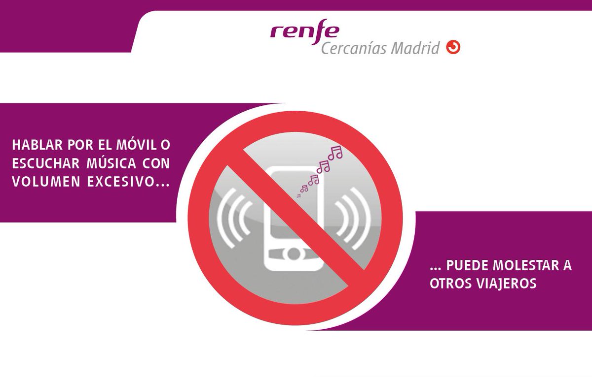 CercaniasMadrid's tweet photo. No viajas solo. Respeta al resto de viajeros. #Civismo

La música, mejor con auriculares 🎧. Y si hablas por el móvil 📱, que la persona que viaje a tu lado no se entere de la conversación 🤫. https://t.co/0w1v7PeOqu