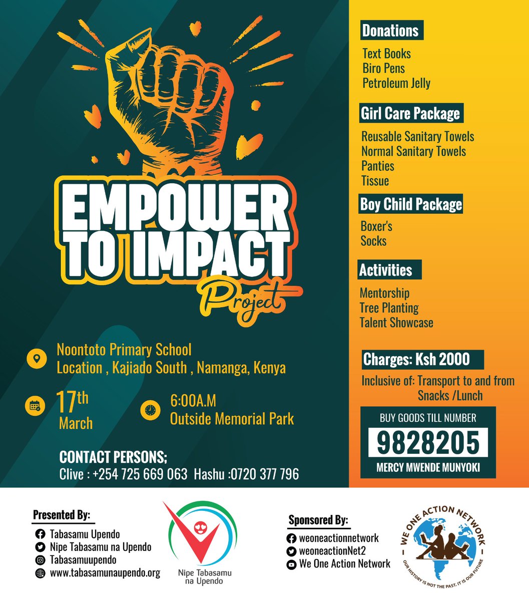 As we work to create light for others, we naturally light our own way. Join us this march 17th in collaboration with  @WeOneActionNet2 on the Empower To Impact Project at Noontoto Primary School. If not us who? If not now when? #Empowertoimpact #TogetherWeCan #Togetherwemust.