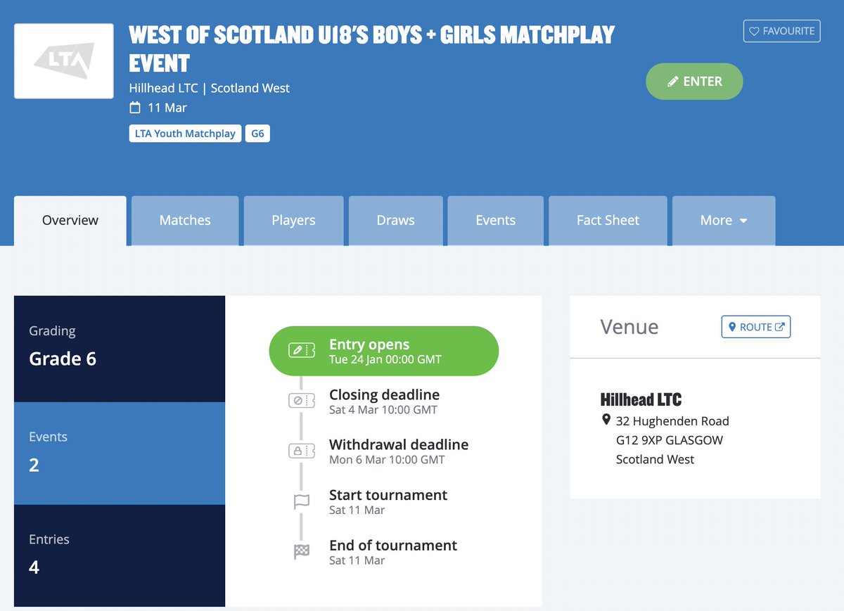 Last chance to enter the West of Scotland U18's boys and girls matchplay events at @HillheadTennis 👀

Deadline is tomorrow Sat 4th March at 10:00am with the events taking place the following Saturday 11th ⏰

Enter below: competitions.lta.org.uk/tournament/9b6…