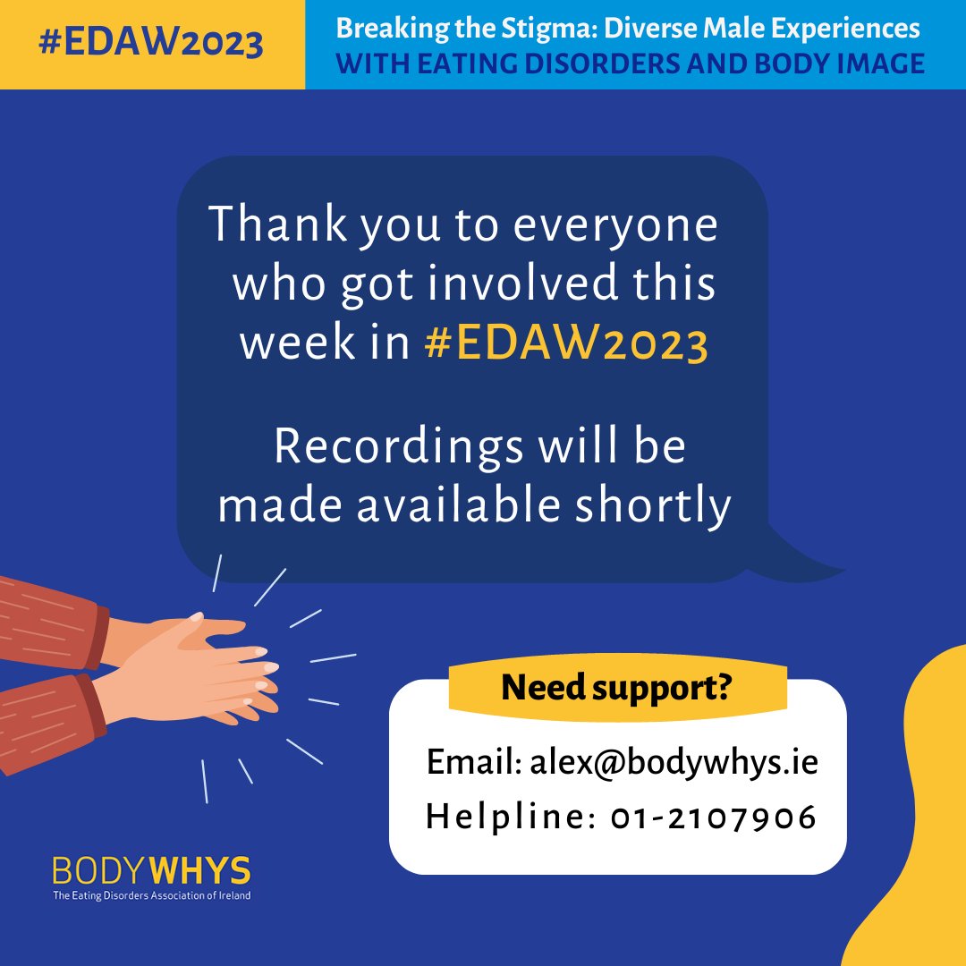 bodywhys's tweet image. 📢And that brings #EDAW2023 to a close - we would like to thank everyone who got involved throughout the week, particularly those with lived experience for their work in raising awareness, improving understanding and breaking down the stigma around eating disorders.