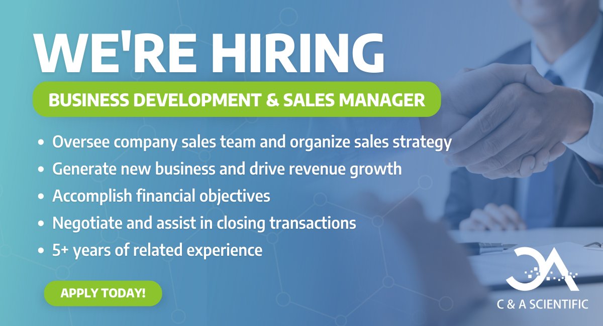 cnascientific's tweet photo. C &amp; A is #Hiring a Business Development &amp; Sales Manager!

We are looking for someone who has:
✅ 5+ years of experience as an individual sales contributor or 1-3 years as a #salesmanager

Join C &amp; A Scientific’s hardworking team today!
https://t.co/SAma8weTED
#Career https://t.co/RltcW6nSsj