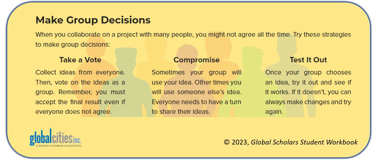 GlobalCitiesOrg's tweet image. Group decisions are tough. These tips help Global Scholars students ages 10-13 agree on a project plan – even if it’s not everyone’s first choice. #mschat #globaled