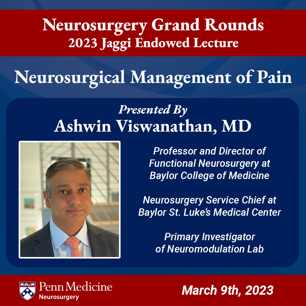 At our #Neurosurgery Grand Rounds next week, @drashwinv from @BCMNeurosurgery will be joining us as our 2023 Jaggi Endowed Lecturer and Visiting Professor in #Functional Neurosurgery!

He will be giving a presentation titled, 'Neurosurgical Management of Pain.'