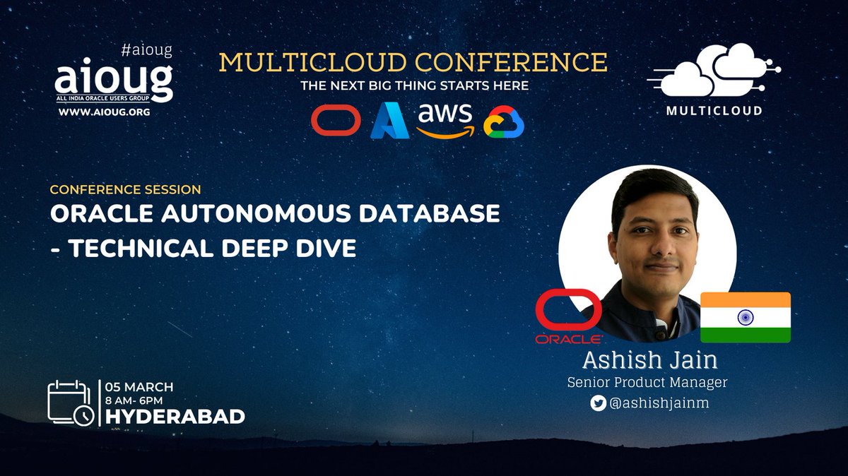 AIOUG's tweet image. One Day to Go for #MultiCloud Conference! We are excited to hear  Ashish Jain @ashishjainm speak about -Oracle Autonomous Database - Technical Deep Dive bit.ly/3Ja6hWH 

@oracleugs @OracleCloud @Azure @awscloud #aioug #oracledatbase #OracleCloud