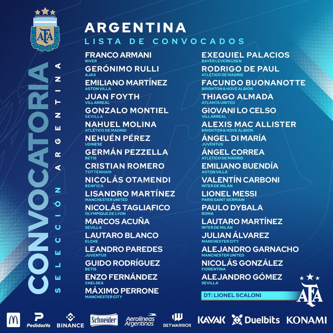 sudanalytics_'s tweet photo. 🌟🇦🇷 LOS CONVOCADOS PARA LOS AMISTOSOS DE MARZO

🆕 Lautaro Blanco
🆕 Máximo Perrone
🆕 Facundo Buonanotte
🆕 Valentín Carboni
🆕 Alejandro Garnacho

Pensando en 2026. 🔝 https://t.co/HZCcnKiLmA