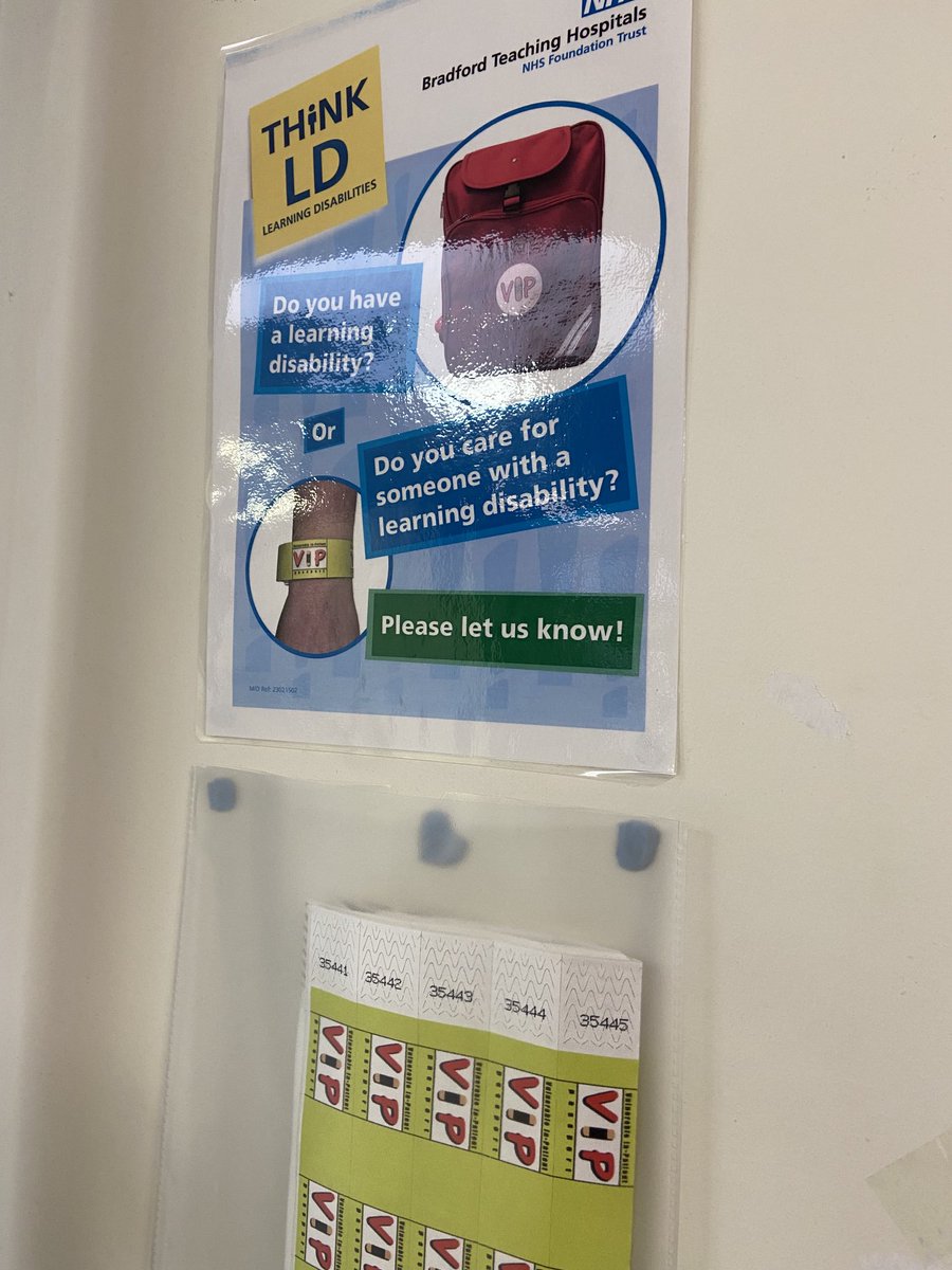 Do you have or do you care for somebody with a #LD. Posters up in ⁦@aedbthft⁩ to support people in the dept. #VIPwristbands now at reception #openthebag #criticalmeds  ⁦@BthftRadiology⁩ pls look out for Pts wearing bands as they come for X-rays #reasonableadjustments