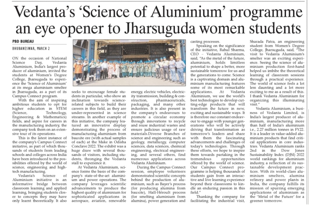 VedantaAluminum's tweet photo. What's better than learning the #ScienceOfAluminium in classrooms? Seeing it come to life at one of the world's largest #aluminium smelters! Students of Women's Degree College, Jharsuguda (Odisha), had a scintillating time visiting our aluminium operations on #NationalScienceDay. https://t.co/oxGOgE4GeZ