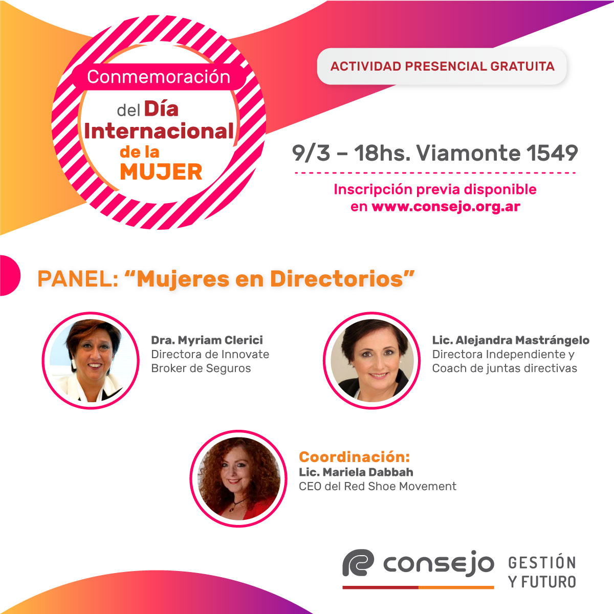 🧡Conmemoración del Día Internacional de la Mujer

👩El 9/3 -18 hs. compartí junto a colegas una tarde de reconocimiento y capacitación, en donde analizaremos el rol de las “Mujeres en Directorios” <a href="/myriam_1964/">myriam clerici</a>  <a href="/MastrangeloA/">Mastrangelo Alejandra Gobierno Corporativo</a> <a href="/marieladabbah/">Mariela Dabbah</a>

Inscribite 👉 bit.ly/41xk6Wc