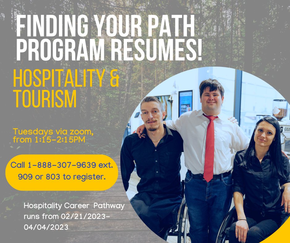 #FindingYourPath is on every Tuesday from 1:15PM-2:15PM via zoom., through 04/04/2023! To find out more about this career exploration training, call 1-888-307-9639 ext. 909 or ext 803. This program is possible due to the generosity of the @ReeveFoundation.