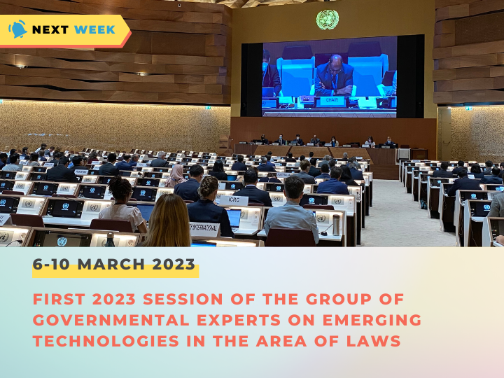 Next Monday, the first 2023 session of the GGE on emerging technologies in the area of LAWS will start in Geneva. 🇺🇳 #CCWUN #disarmament #GGEonLAWS 

▶️ You can find all the necessary information and official documents on UNODA Meetings Place: bit.ly/3YjJtId.