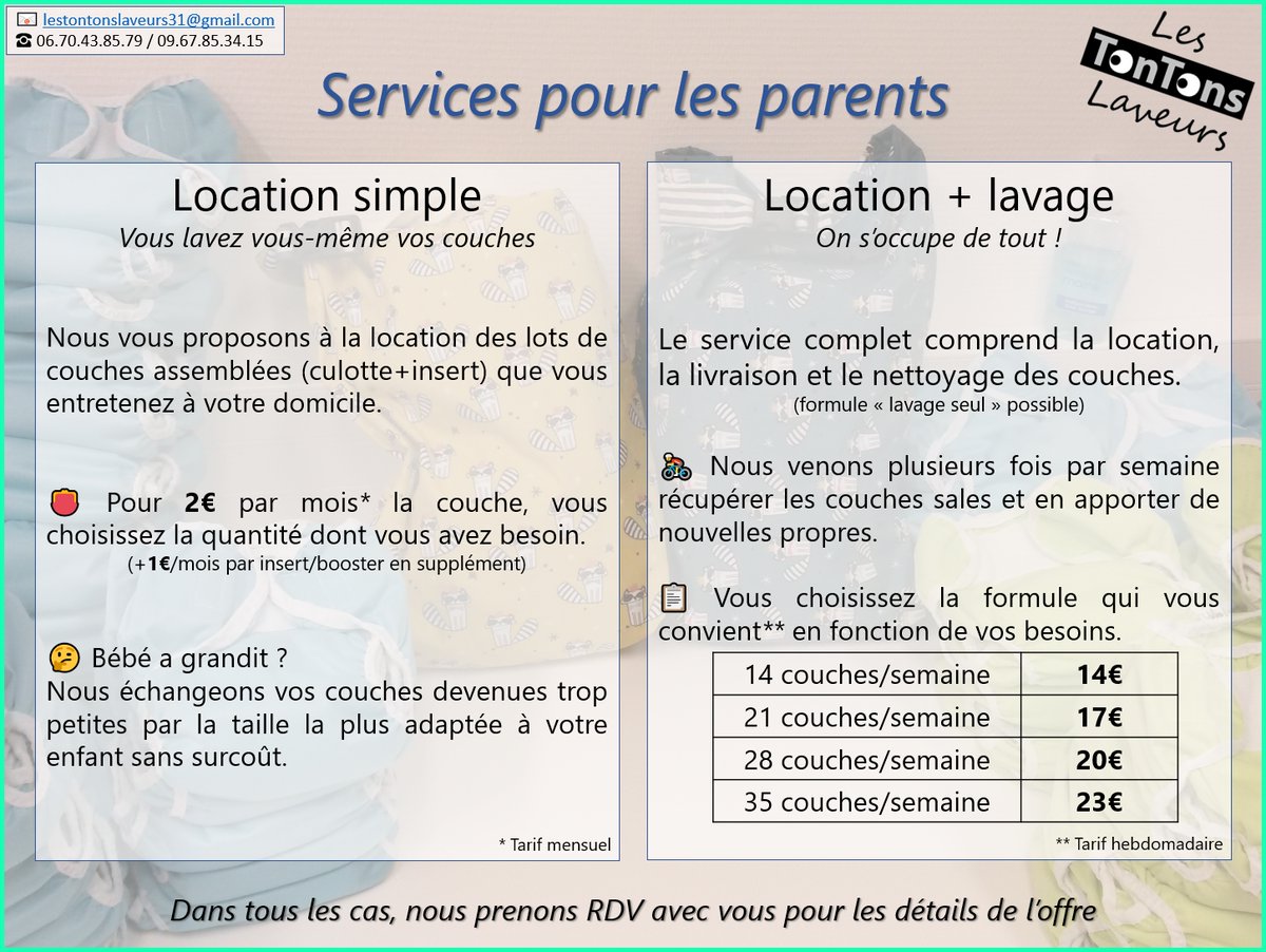 Si la #CoucheLavable vous tente pour votre enfant, mais vous ne voulez pas gérer le lavage ou avoir à acheter tout le matériel 😵
👉 Alors louer et/ou faites nettoyer les couches avec Les Tontons Laveurs 😉

Contactez nous par mail à 👇
lestontonslaveurs31@gmail.com 📧