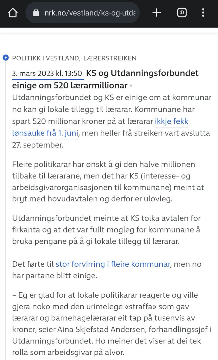 NRK Vestland melder at KS og Utdanningsforbundet nå er enige om at penger kommunene sparte på lærerstreiken KAN gis som lokale tillegg til lærerne. KS har med andre ord snudd, etter først å ha hevdet at lokale tillegg ville være brudd på avtaleverket. Dette var selvsagt feil.
