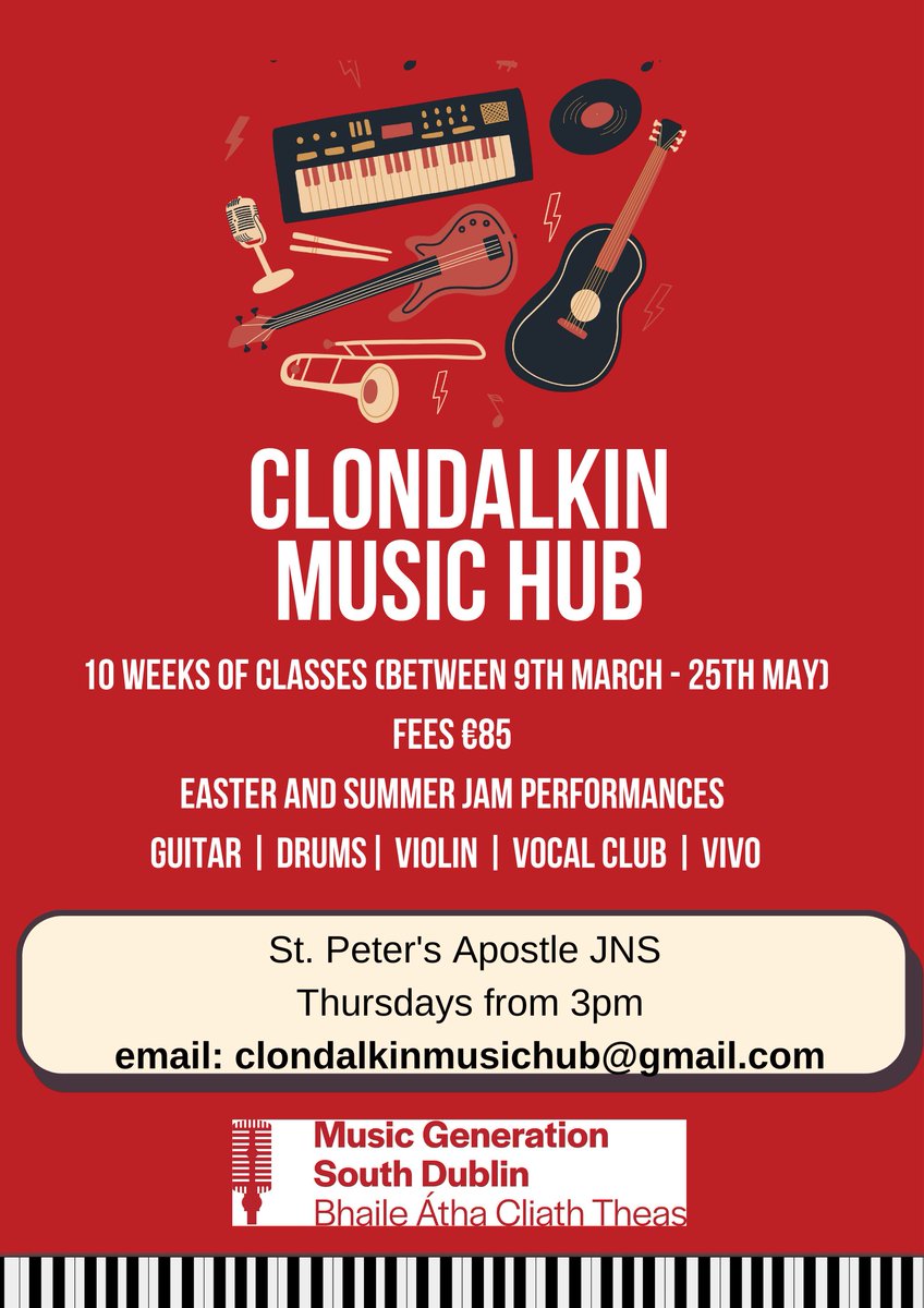 We are looking for new students to join our Clondalkin Hub! 10 weeks of music performance classes in drums, guitar, violin, vocal club, and vivo (pre-instrumental/ukulele) Plus upcoming jam performances at Easter and Summer 🎵 get in touch with us clondalkinmusichub@gmail.com