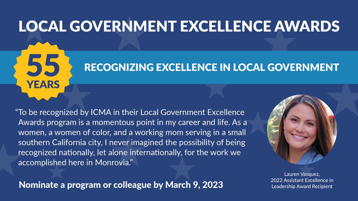 ICMAevents's tweet photo. In celebration of #WomensHistoryMonth, we are recognizing our past Local Government Excellence Award recipients like Lauren Vasquez. Nominate an esteemed colleague or innovative community program by March 9, and learn more at: https://t.co/oopGGPfek8 #ICMAProud #ICMAAwards https://t.co/lk6BfVR71k
