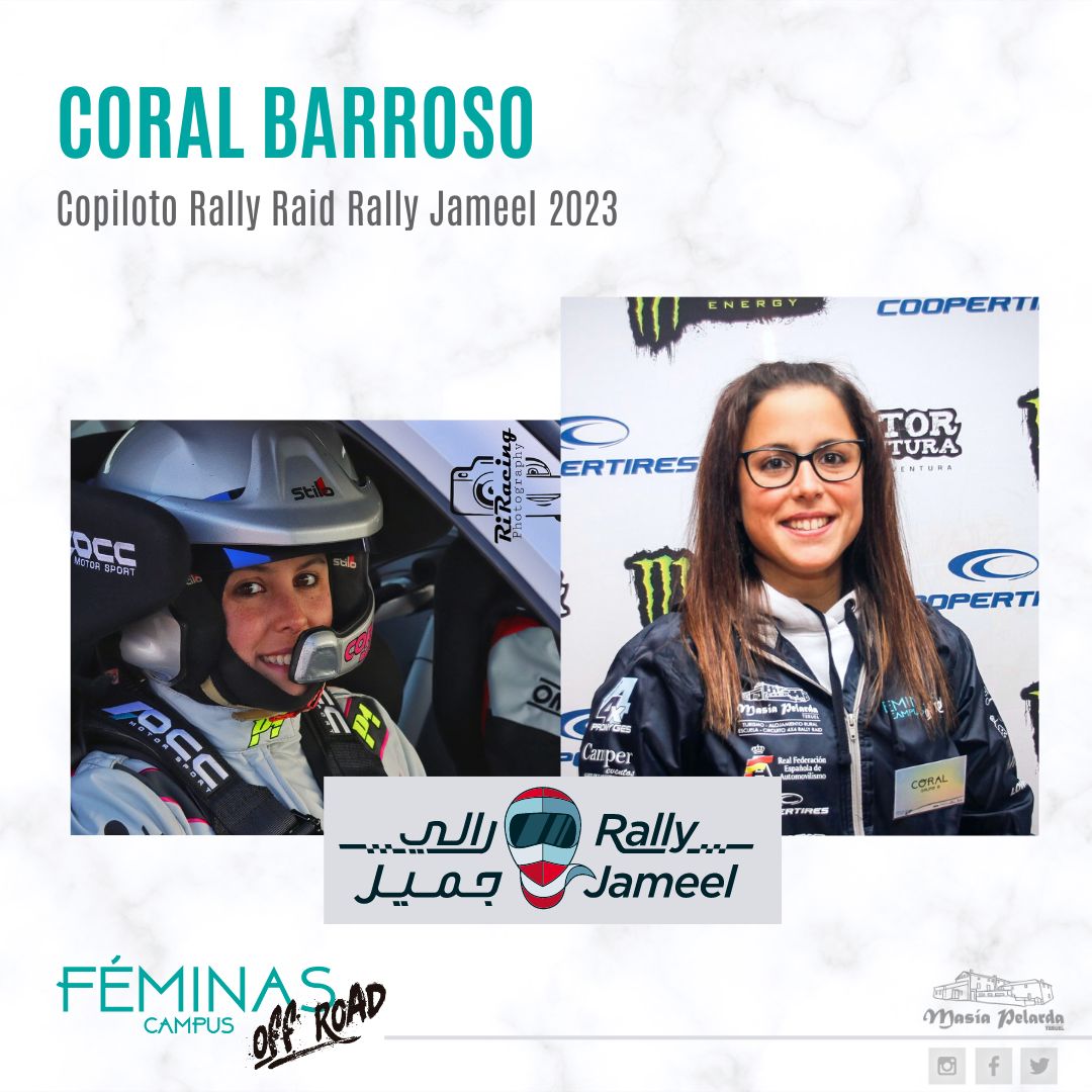 ¡Las buenas noticias no paran de llegar! Coral Barroso, alumna del Campus Féminas Off Road 2019  se suma en los próximos días al reto Rally Jameel 2023 como Copiloto Rally Raid, en Arabia Saudita.
Coral copilotará a Siria Az Azo Gullani.
¡Te deseamos lo mejor en esta aventura!