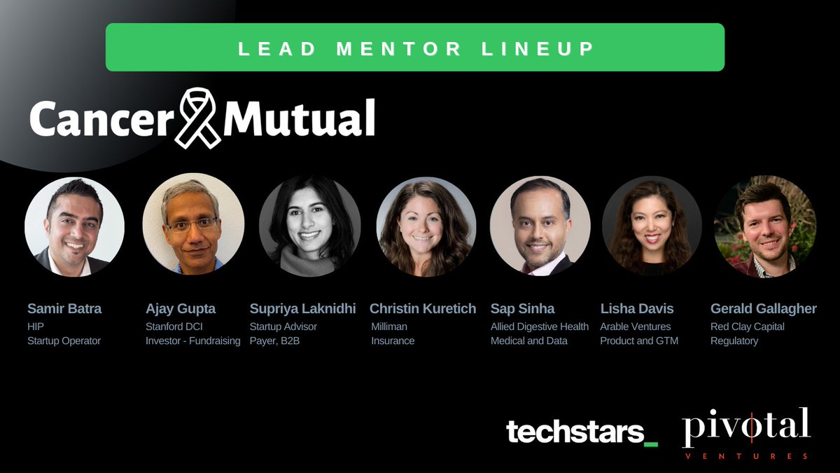 Today is Day 8 of our 10-day campaign to spotlight the Lead Mentors for each of our #TSLongevity companies. Cancer Mutual is delighted to work w/ Samir Batra, Ajay Gupta, Supriya Laknidhi, Christin Kuretich, Sap Sinha, Lisha Davis, &amp; Gerald Gallagher.
<a href="/Techstars/">Techstars</a> 
<a href="/pivotalventures/">Pivotal Ventures</a>