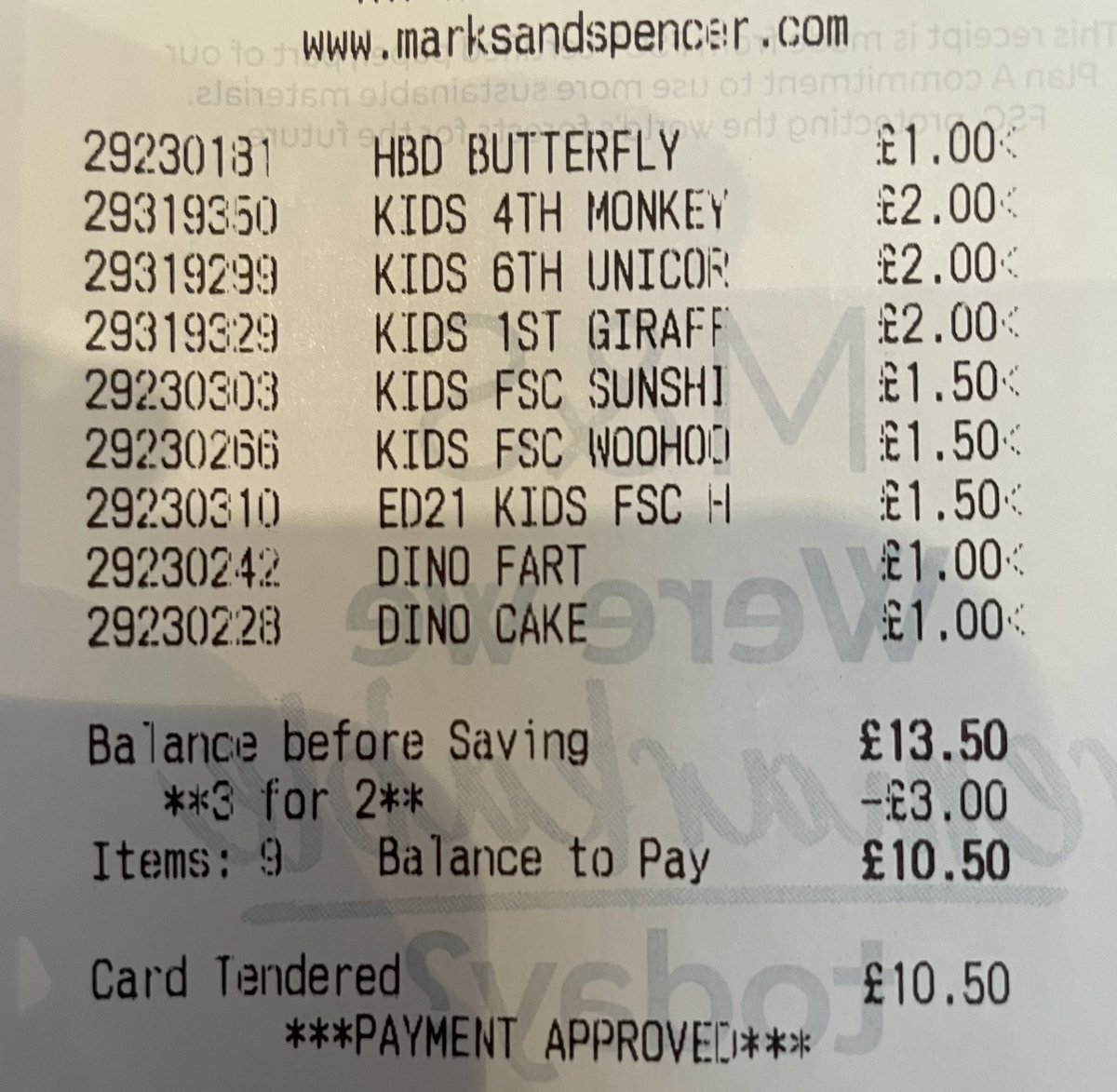 Just noticed interesting real life maths in <a href="/marksandspencer/">M&S</a>

There’s a 3 for 2 offer on all single cards. I bought 3 £2, 3 £1.50 &amp; 3 £1.

Instead of costing £4+£3+£2=£9, it did the 3 cheapest free, charging £10.50.

Is this a mistake or are supermarket offers ripping us all off?