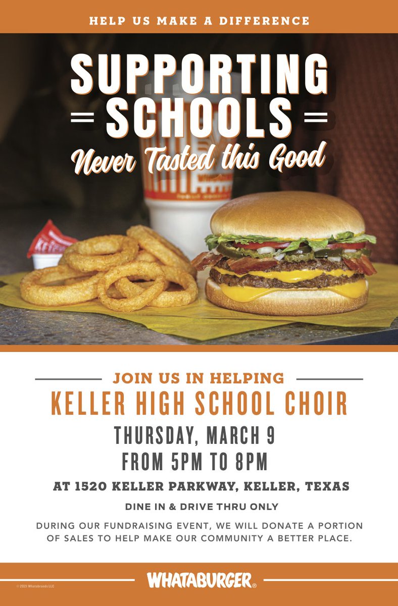 kellerhighchoir's tweet photo. WHATABURGER SPIRIT NIGHT! 🧡🍔🍟🧡
Take a break from cooking and support KHS Choir on Thursday, March 9th from 5-8pm! https://t.co/ihSjjf3hlc
