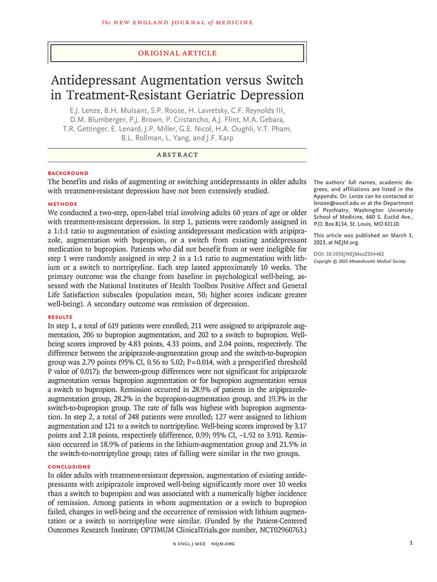 NEJM's tweet photo. #AAGPAM23: In a pragmatic trial involving older persons with treatment-resistant depression, augmentation of existing antidepressants with aripiprazole was better than augmentation with bupropion or a switch to bupropion. Full results of the OPTIMUM trial: https://t.co/2OPOxH67Qx https://t.co/g0AtrYGhKV